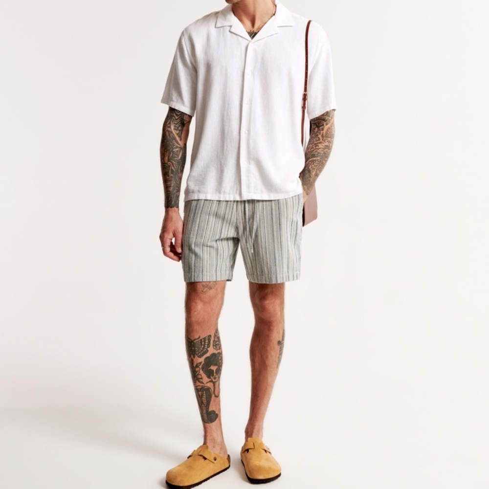 Abercrombie Men’s Camp Collar Linen-Blend Shirt - Medium Tall - White